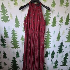 Red Pleated Halter Midi Dress